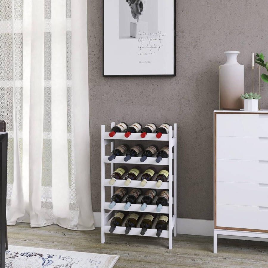 20-flessen bamboe wijnrek display houder 5-tier opbergplanken voor keuken bijkeuken kelder bar Wit