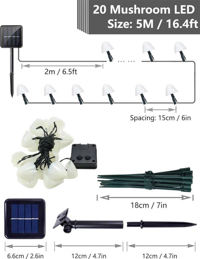 20 Led-tuinlampen in de vorm van paddenstoelen voor buiten 5 m lichtsnoer op zonne-energie 8 modi waterdichte tuinverlichting decoratie voor binnenplaats trottoir paden bruiloft feest kerstboom verjaardag warm wit
