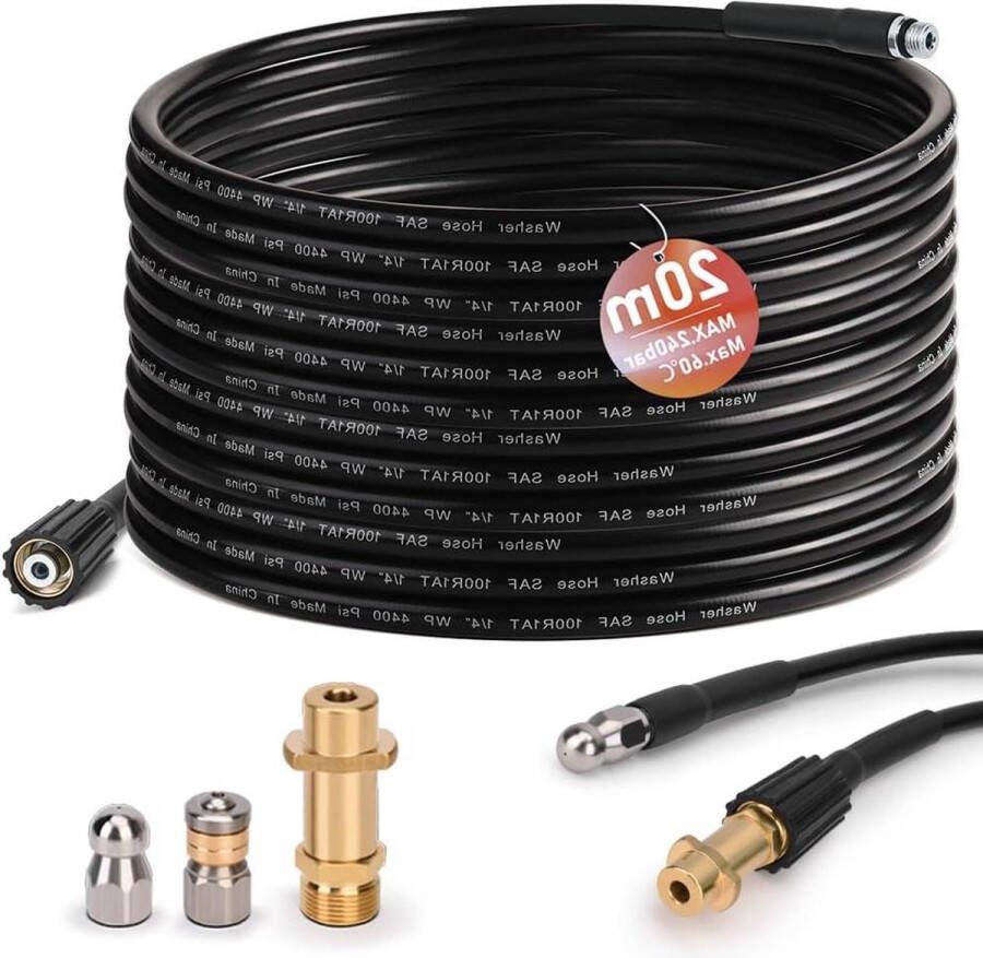 20 m reinigingsslang met M22 adapter voor buizen stijf + roterend 200 bar 60 °C buisreinigingsset geschikt voor K2-K7 hogedrukreiniger