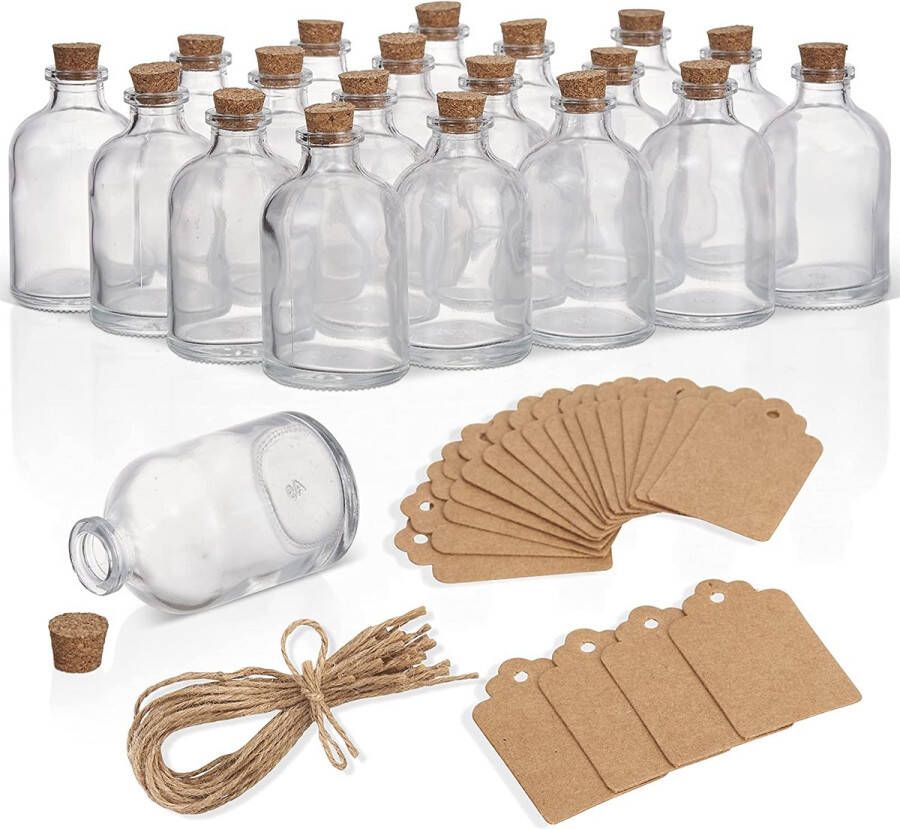 20 Mini Glazen Flesjes met Kurk & Etiketten 50 ml Kleine Bewaarpotjes Ideaal voor Bruiloftsdecoratie Snoep DIY & Knutselen