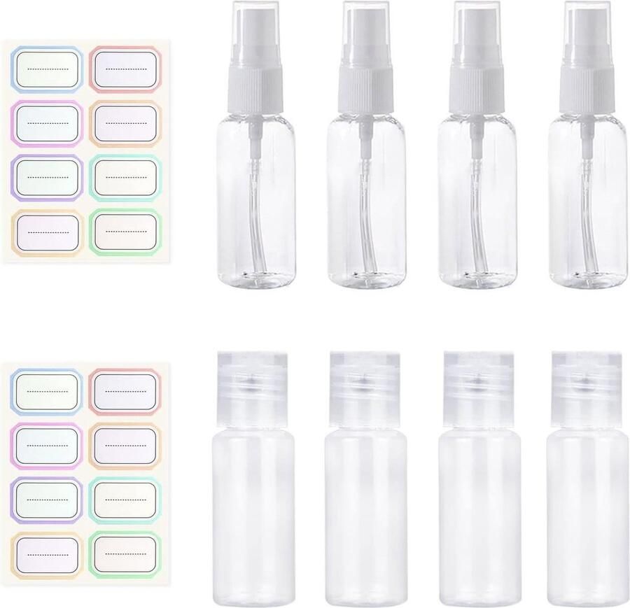 20 ml 8 stuks doorzichtige reisfles spuitflessen navulbare cosmetica toiletartikelen voor vrouwen mannen met etiketten Transparant reisflesjes 100ml