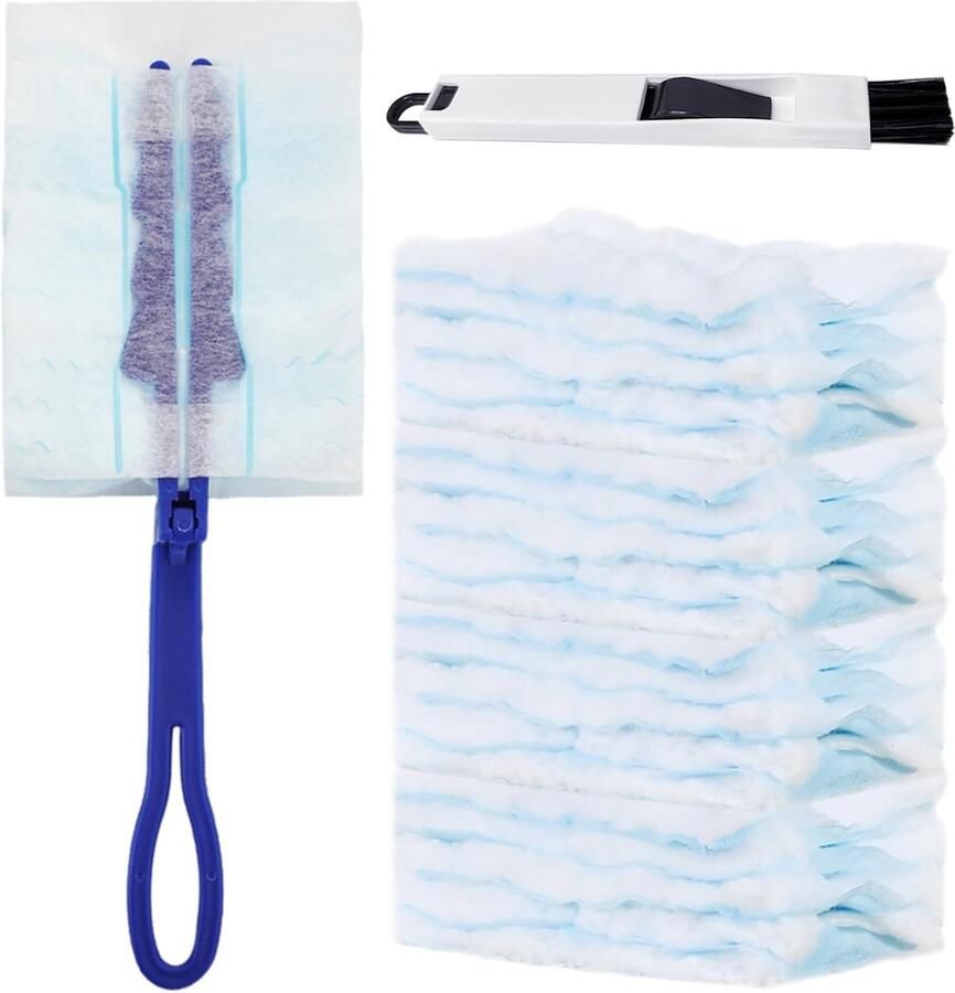 20 reservevezeldoeken en 1 blauwe handgreep met 1 voegenborstel pluizige stofdoek microvezel-handstofdoek desktopreinigingsapparaat elektrofilterset voor het reinigen van jaloezieën kantoor