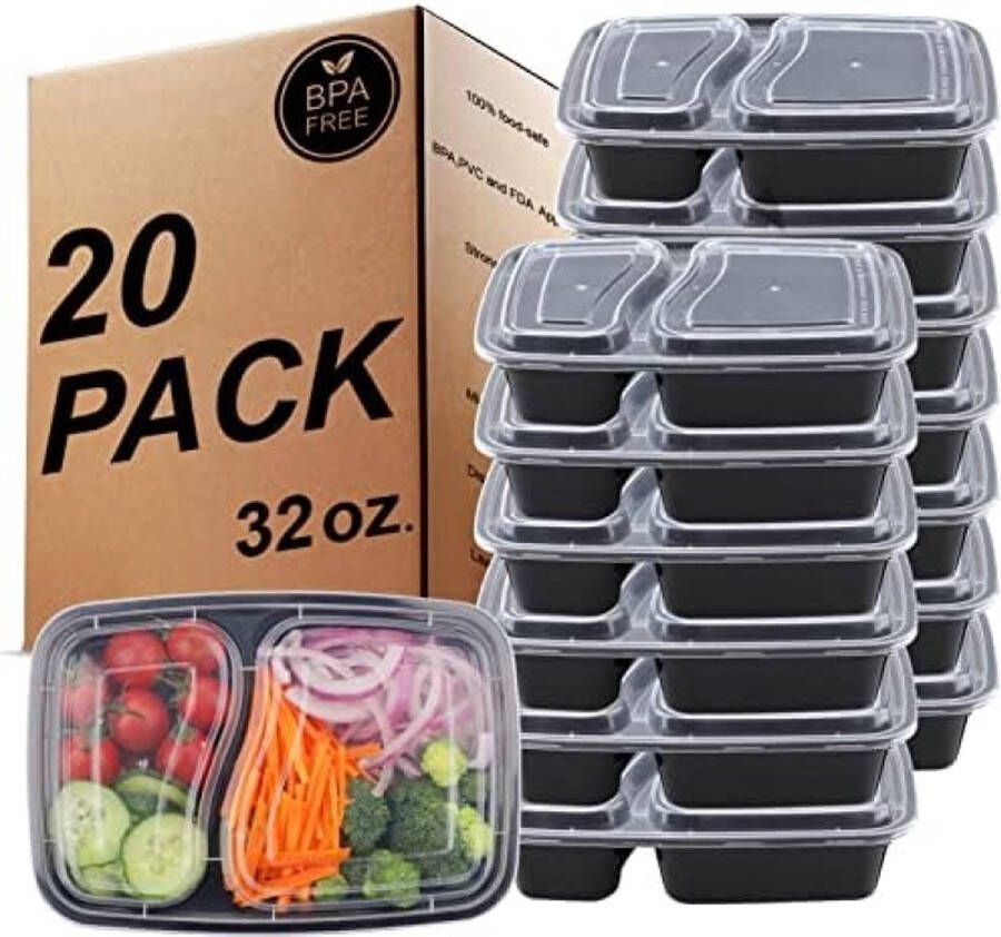 20 stuks 2-vaks maaltijdbereidingscontainers BPA-vrije herbruikbare plastic voedselopslag met luchtdichte deksels vriezer magnetron en vaatwasmachinebestendig bento lunchboxen