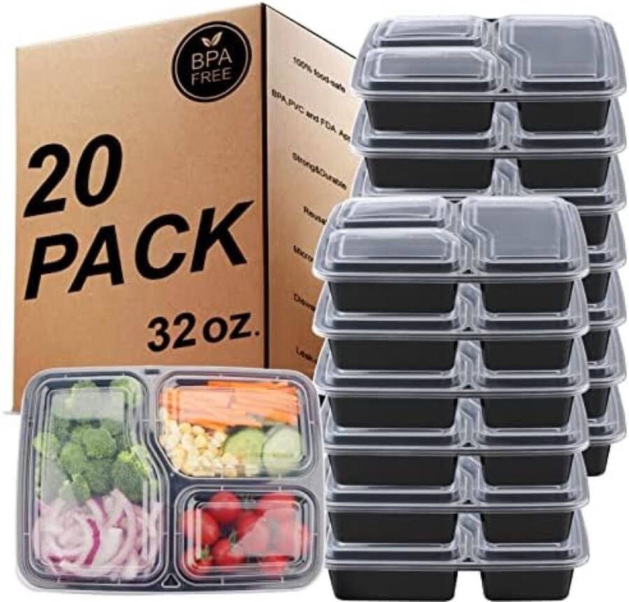 20 stuks 2-vaks maaltijdbereidingscontainers BPA-vrije herbruikbare plastic voedselopslag met luchtdichte deksels vriezer magnetron en vaatwasserbestendig bento lunchboxen [32 oz]