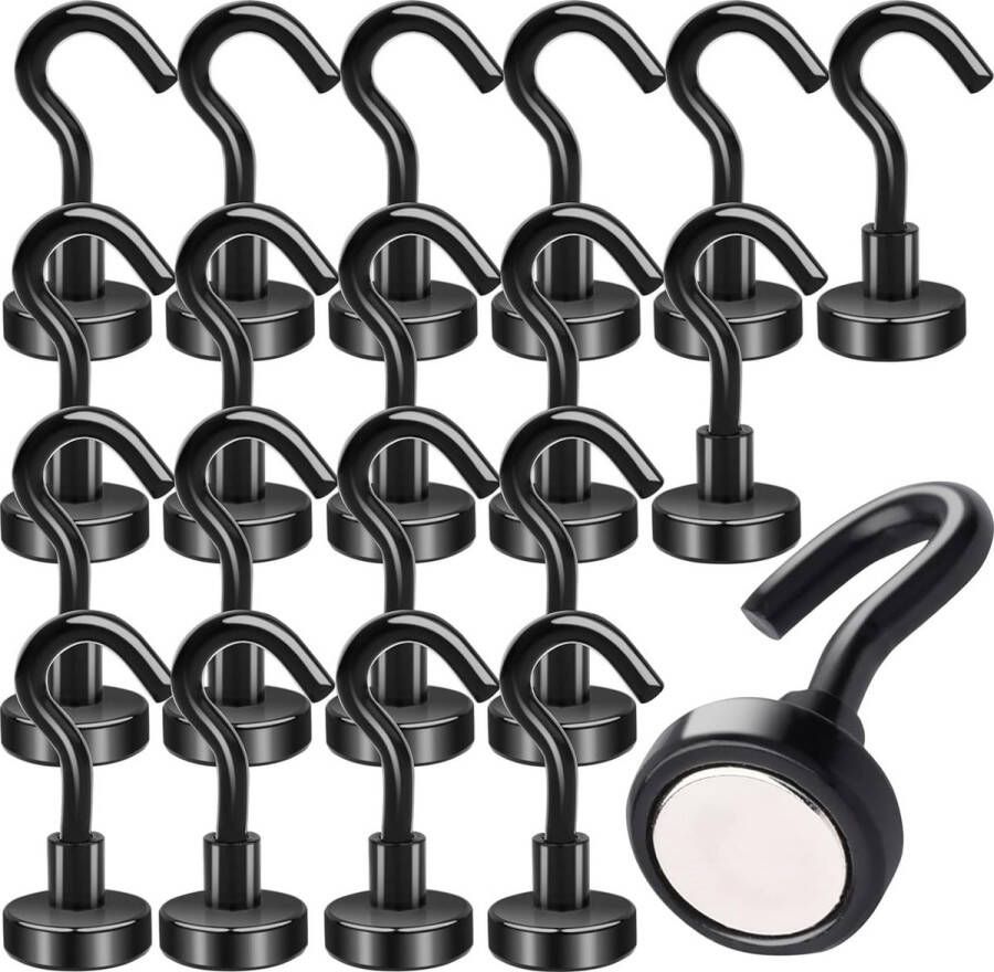 20 Stuks Magneethaken Extra Sterk 10 kg Neodymium Magneten met Haken Magnetische Haken Stansvrij voor ijzeren deuren koelkasten keukens kledingrek kantoor zwart 16 mm zwart