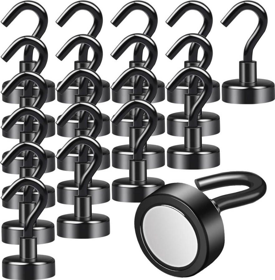 20 Stuks Magneethaken Extra Sterk 15 kg Neodymium Magneten met Haken 20 mm Magnetische Haken voor ijzeren deuren koelkasten keuken kledingrek kantoor camping zwart