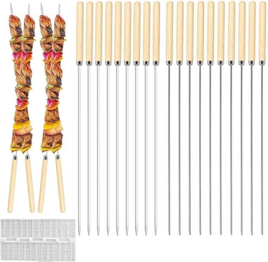 20 stuks Roestvrijstalen BBQ Spiesjes Herbruikbare Metalen Stokken Plat en Rond Vleesspiesjes 33 cm Houten Handvat Snel Vleestouwapparaat