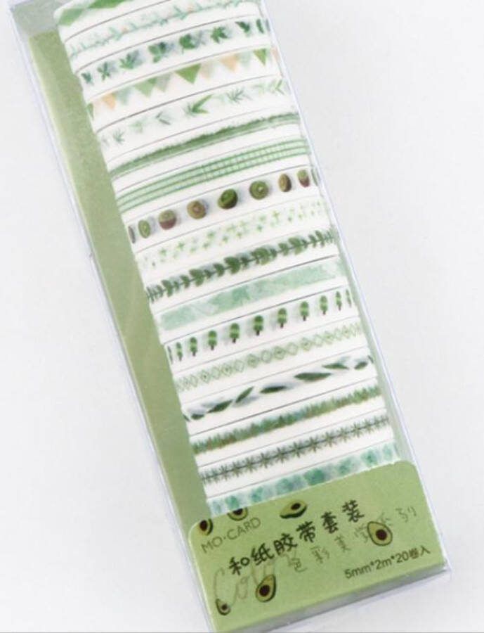 Merkloos Sans marque 20 Verschillende Washi Tapes Groen | Multi Pack Verschillende Washi Tapes | Prachtige Verschillende Masking Tapes | Bullet Journal | Journalling | Plakboeken | Rollen Tape | Patronen Kiwi's Vlaggetjes Bloemen Planten IJsjes Sterren Ruitjes Bladeren