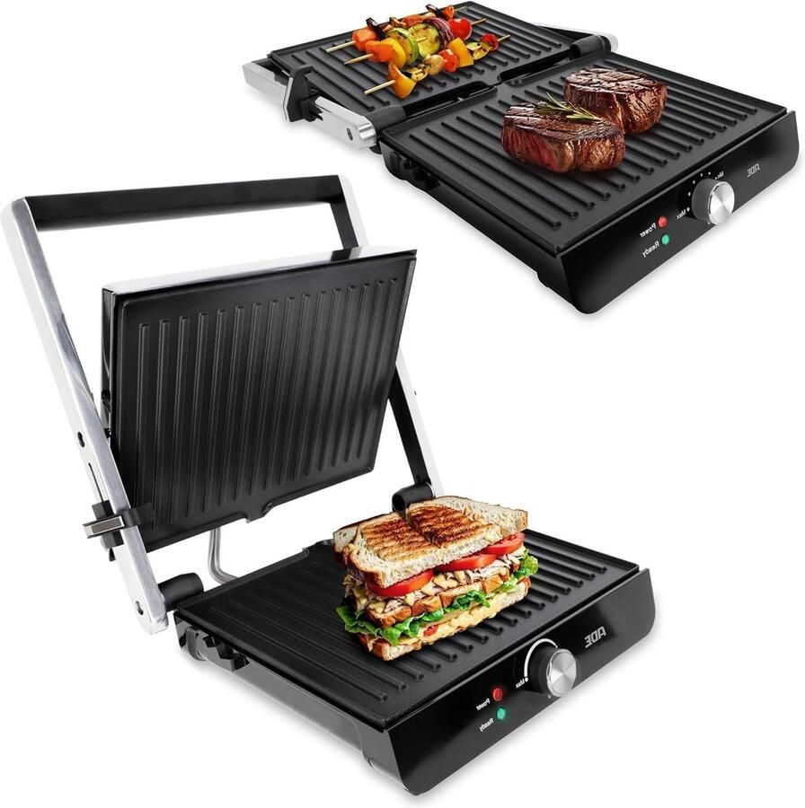 2.000 watt contactgrill elektrische sandwichmaker met anti-aanbaklaag 3-in-1 paninitoaster en tafelgrill 180 grn openklapbaar voor sandwiches toast steaks groenten panini roestvrij