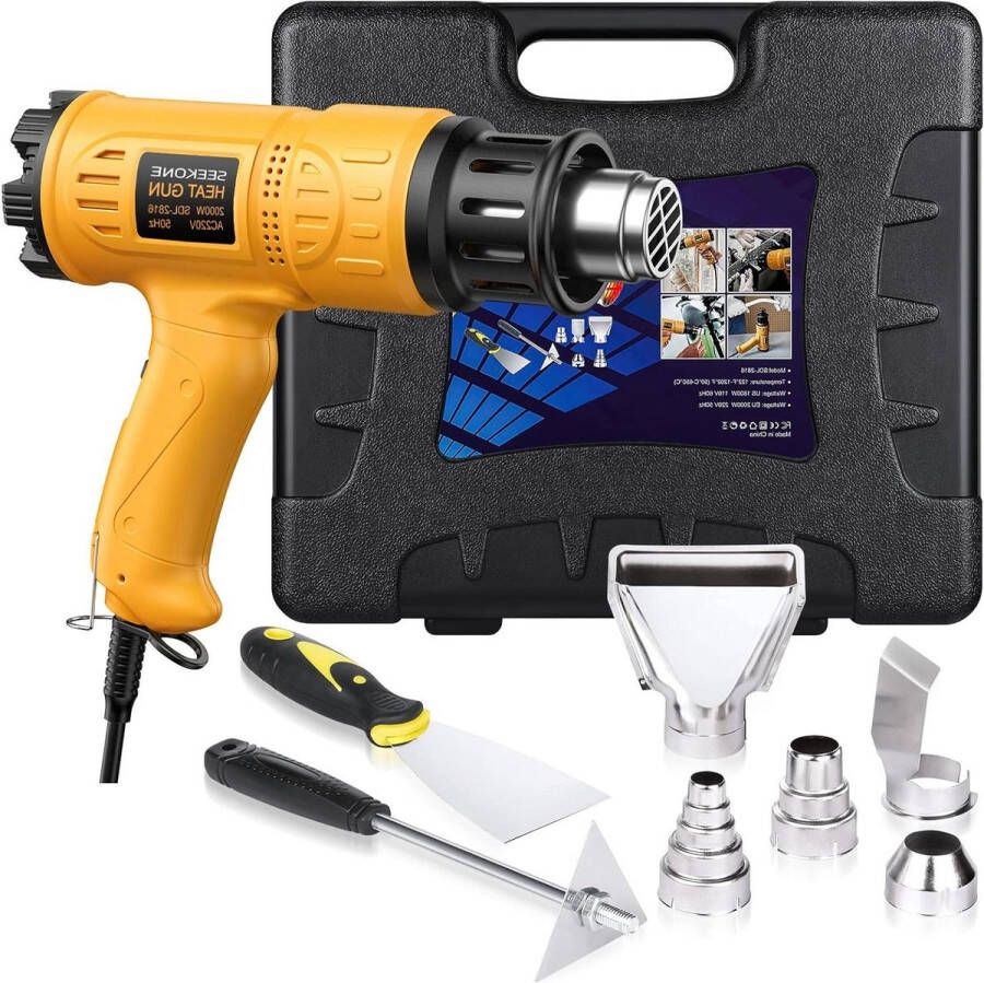 2000W Handmatig Temperatuurregelbaar Heteluchtpistool Set 5 Mondstukken 2 Schrapers 1 Gereedschapskoffer Overbelastingsbeveiliging Diy Craft