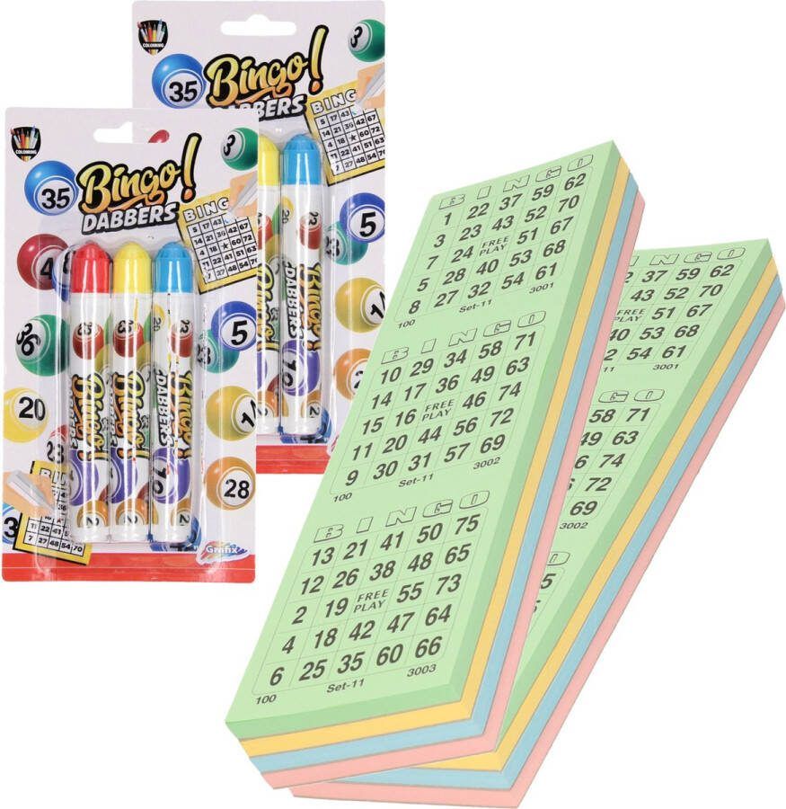 200x Bingokaarten nummers 1-75 inclusief 6x bingostiften blauw geel rood