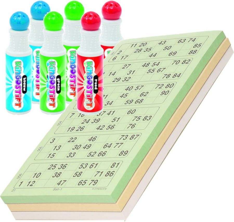 200x Bingokaarten nummers 1-90 inclusief 6x bingo stiften blauw groen rood