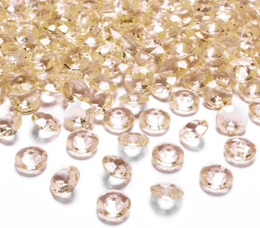 200x Hobby decoratie gouden diamantjes steentjes 12 mm 1 2 cm Kleine kunststof edelstenen goud Hobbymateriaal DIY knutselen Feestversiering feestdecoratie plastic tafeldecoratie stenen