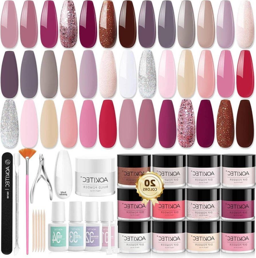 20+1 Colours Dip Powder Nail Art Kit with Build Powder Pinky Series 36 PCS Dipping Powder Starter Set with Dip Base Activator Top Coat Brush Saver for French Manicure Home DIY Gift Sets