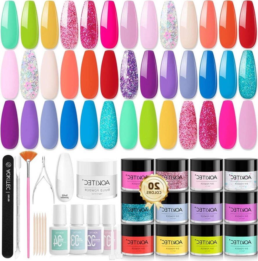 20+1 Dip Powder Nail Art Kit Summer Colours Dipping Powder Set with Build Powder Dip Base Activator Top Coat Brush Saver for French Manicure Starters Gift Sets