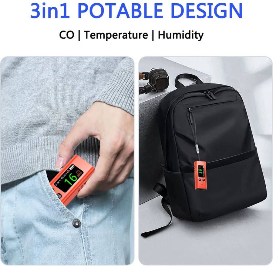 2025 Nieuwe 3-in-1 Draagbare Koolmonoxidemeter – Mini Accurately Herlaadbare CO- Temperatuur- en Vochtigheidsdetector Met Sterke Alarm CO Detector Reis Koolmonoxidemeter Temperatuurmeter Vochtigheidsmeter Veiligheidsalarm Koolmonoxide Waarsch
