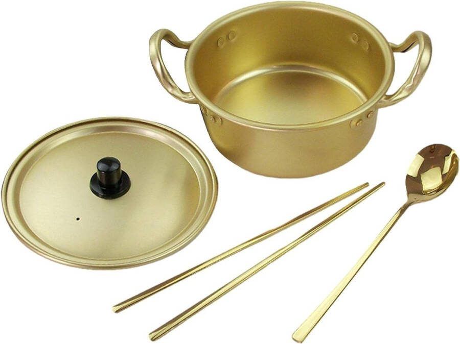 20cm Fast Heating Instant Noodle Soup Pot With Lid Spoon Chopsticks Korean Ramen Cooking Pot Double Handle Yellow Aluminum Stockpot Small Sauce Pot for Cooking