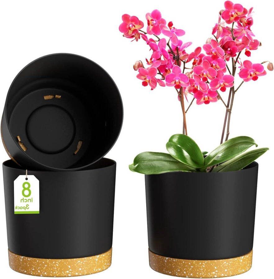 20cm Moderne Plant Potten Afvoergaten Afneembare Schotel Plastic Bloempotten Huis Tuin Vensterbank Donkergrijs Set van 3
