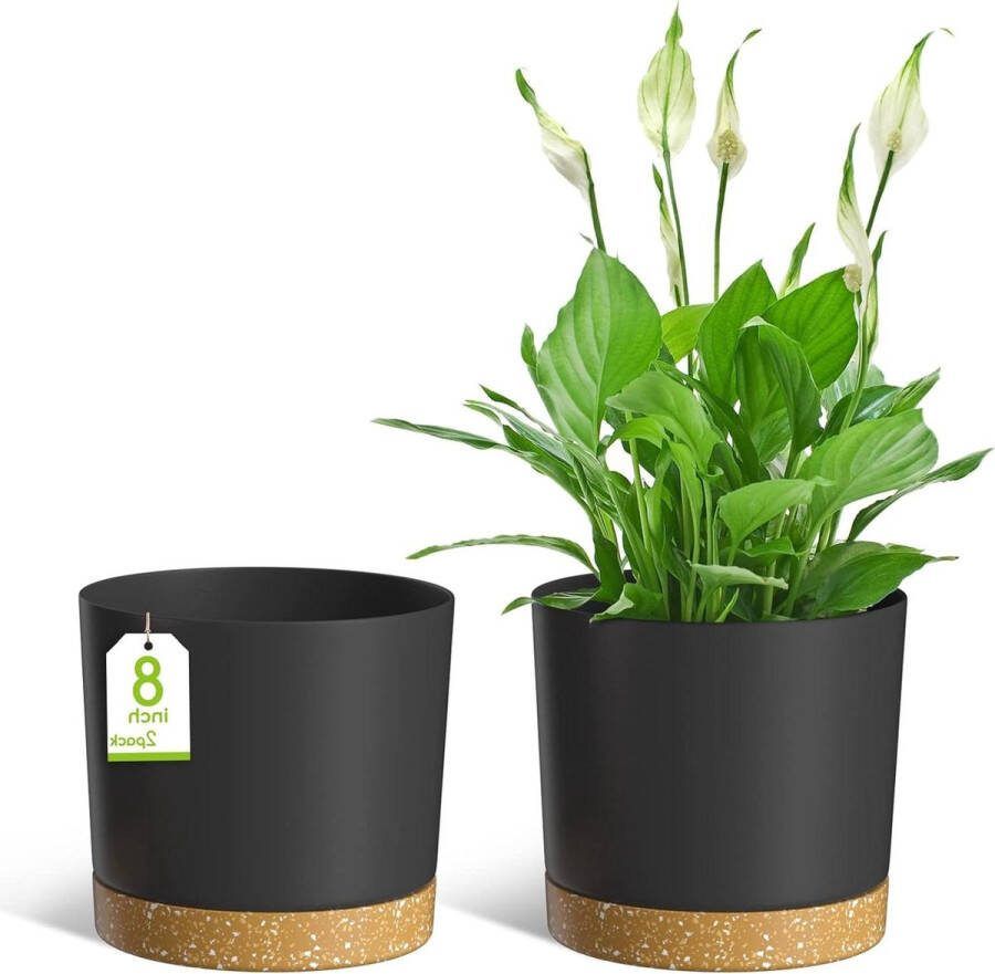 20cm Moderne Planten Potten Met Afvoergaten en Afneembare Schotel Plastic Bloempotten Donkergrijs Set van 2