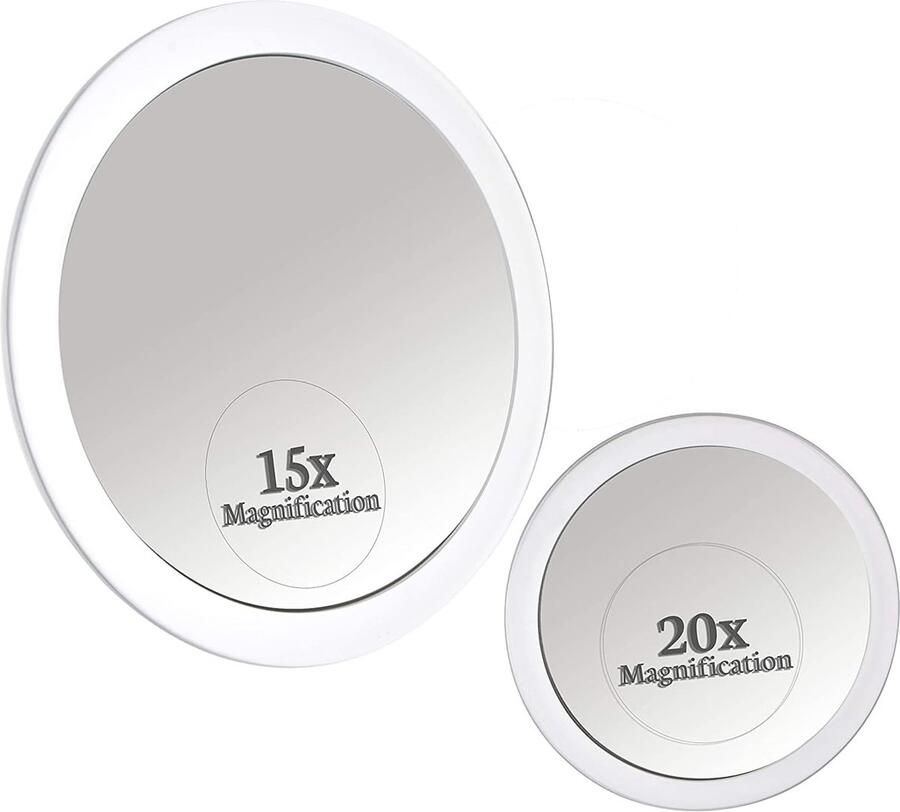 20X & 15X Vergrootspiegel Spiegel Make Up Mirror Combo Set met 3 Stick On Zuignappen voor make-up en pincet Wenkbrauwen Extreem Sterke X20 Zoom 15cm & Kleine 10cm Diameter