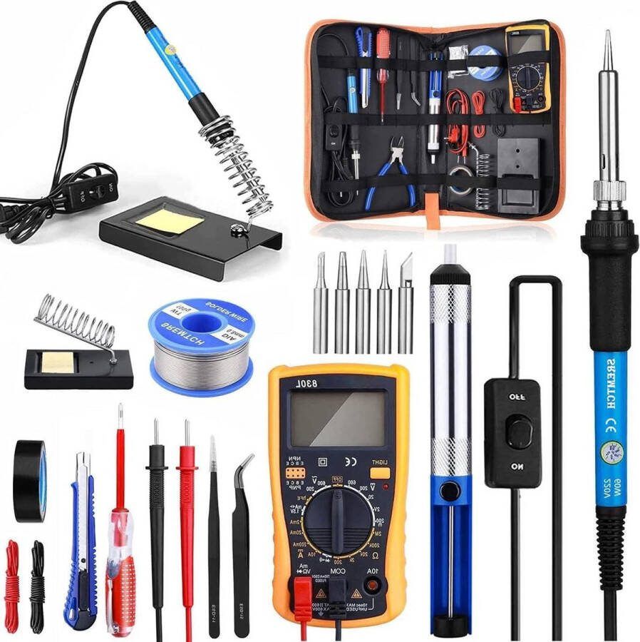 21-in-1 Soldeerboutset 60W 220V Elektronische Soldeerbout Met Aan-Uit Schakelaar Regelbare Temperatuur 200-450°C Digitale Multimeter 5 Soldeerpunten Desoldeerpomp Soldeerboutstandaard Soldeerblik Pincet