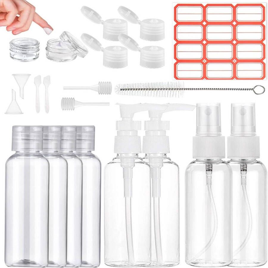 21 stuks reisflessenset 100 ml draagbaar transparant spuitflessen set reisset voor vloeibare lotions en crème reisflesjes handbagage