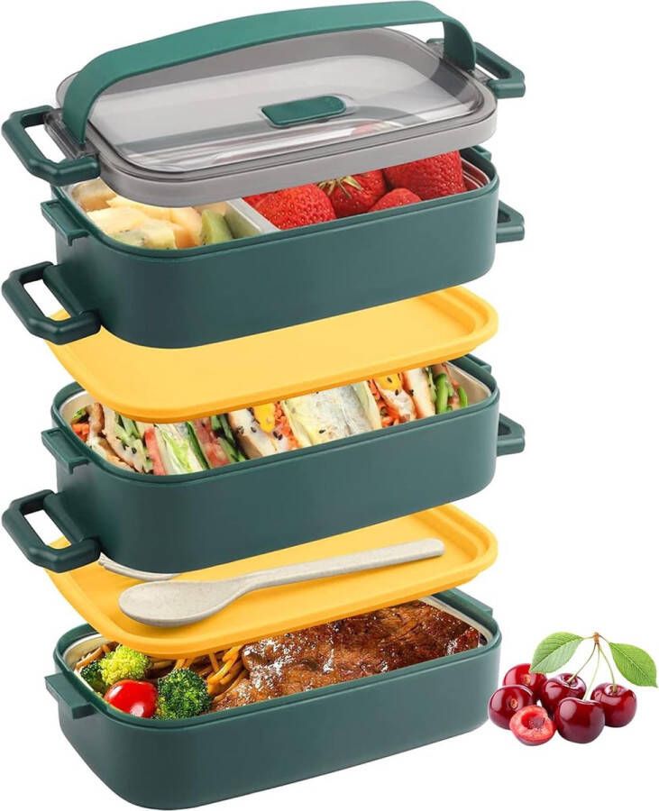 2100 ml lunchbox voor volwassenen en kinderen 3-laagse lekvrije broodtrommel met vakken vorken en eetstokjes geschikt voor lunchbox voor werk kantoor school (groen)