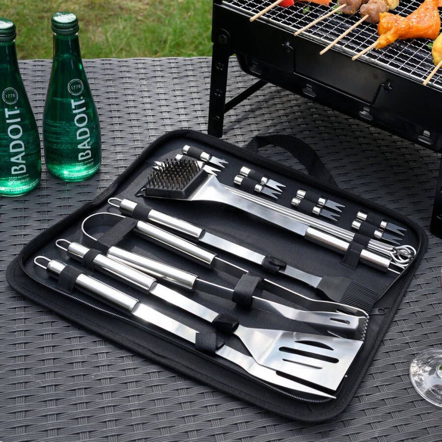 Merkloos Sans marque Decopatent 22 Delig BBQ Gereedschapset in Draagtas Barbeque accessoires Set Barbeque Grill Tang Spatel Mes Vork Borstel Spies