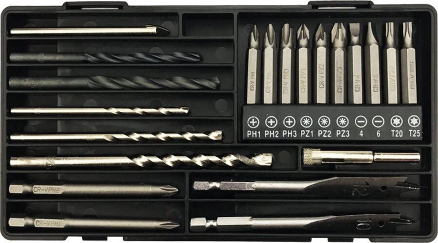 22 delige bit- en borenset Boor Bit Boren Bits Speedboor Philips bit Torx bit Pozidriv bit Sleuf bit Steenboor HSS-boor Glasboor Tegelboor Verlengde schroefbit