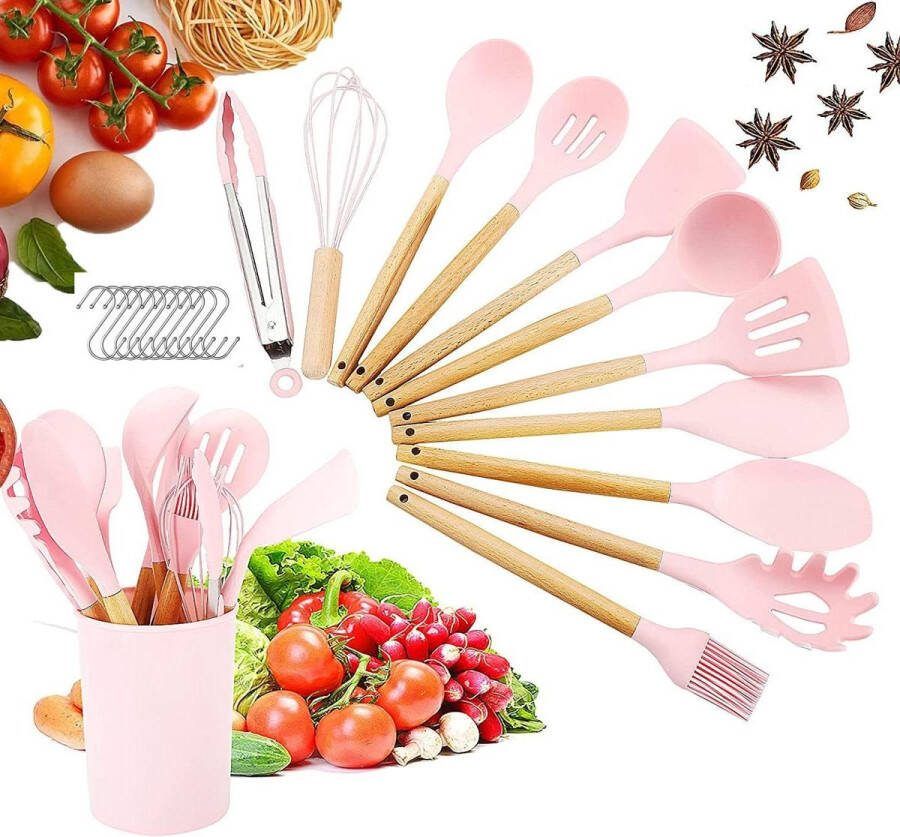 22-stks Non-Stick Siliconen Kookgerei Set met Houder Hittebestendige Spatel Set met Houten Handvat