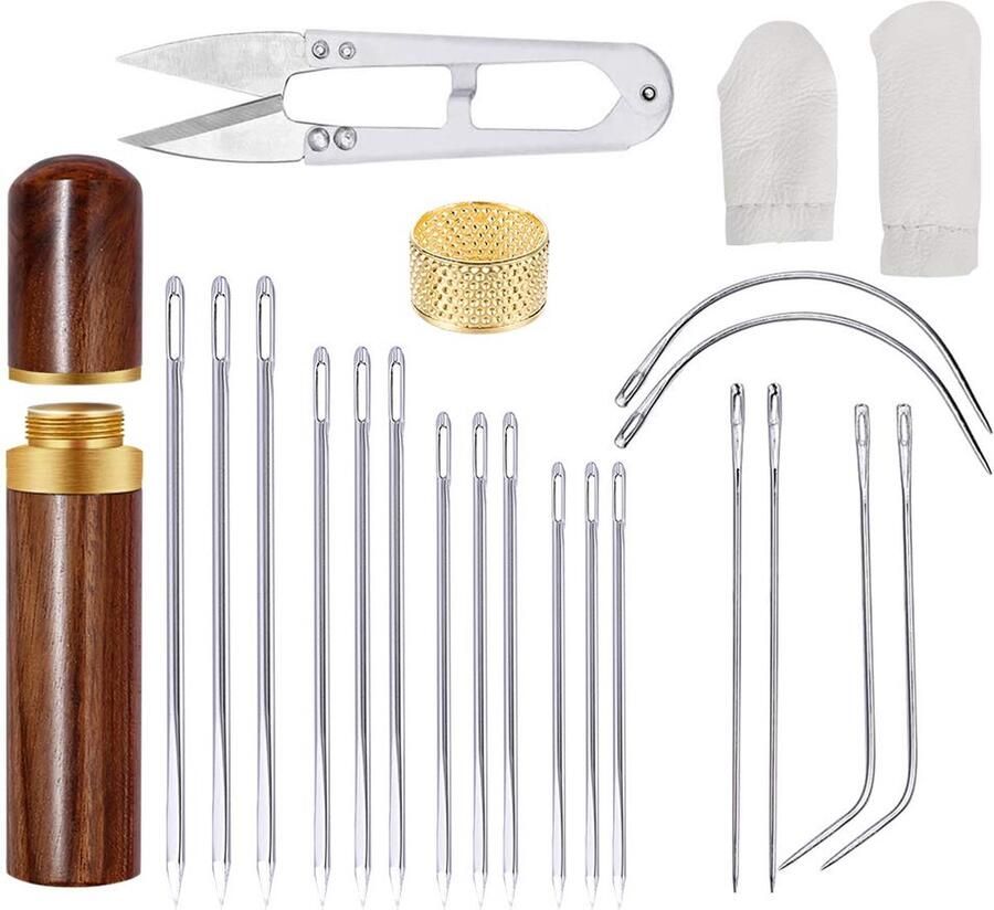 22 stuks leren naaldenset 7 maten leren handnaaien gebogen naalden met vingerbescherming vingertoppen schaar voor leer handwerk naaien en breien