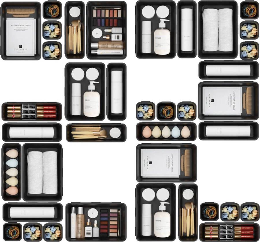 22 Stuks Zwart Lade Organizer Set Plastic Bureau Lade Verdelers Trays Dressoir Opbergbakken Scheidingsdoos voor Make-up Sieraden en Gadgets Slaapkamer Badkamer Kantoor