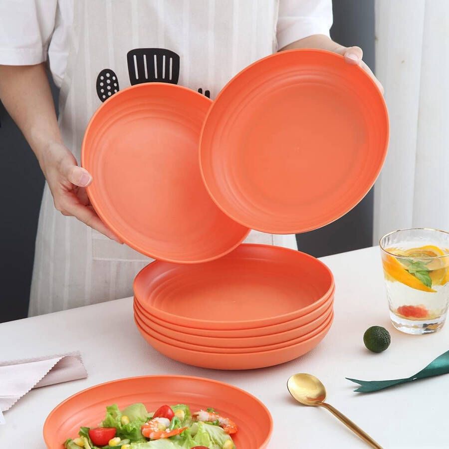 22.86 cm grote diepe plastic platen 8 stuks onbreekbare en herbruikbare lichtgewicht dinerborden Pasta en Dumpling Bowl magnetronveilig BPA gratis vaatwasmachinebestendig (oranje)