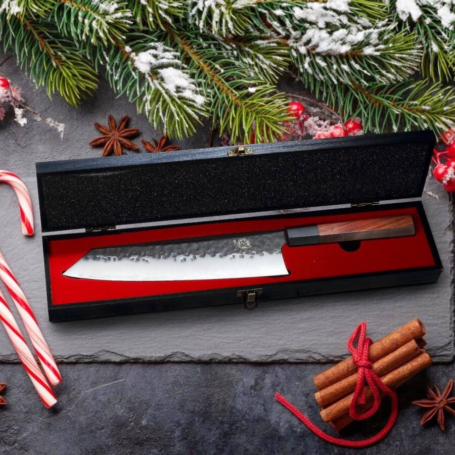 23 cm Japans Koksmes Kiritsuke Keukenmes Professioneel Hoog Koolstofstaal Koksmes Hand Gesmeed Vleesmes (Rozenhout Handvat & Geschenkdoos)