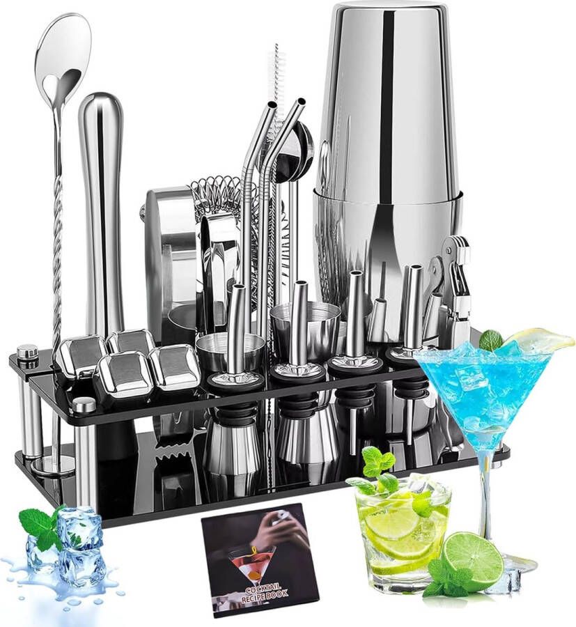 23-delige cocktailshaker 750 ml cocktailset baraccessoires cocktailaccessoires Boston shaker cocktailshakerset professionele baraccessoires gereedschap cocktailmengset met cocktailreceptenboek