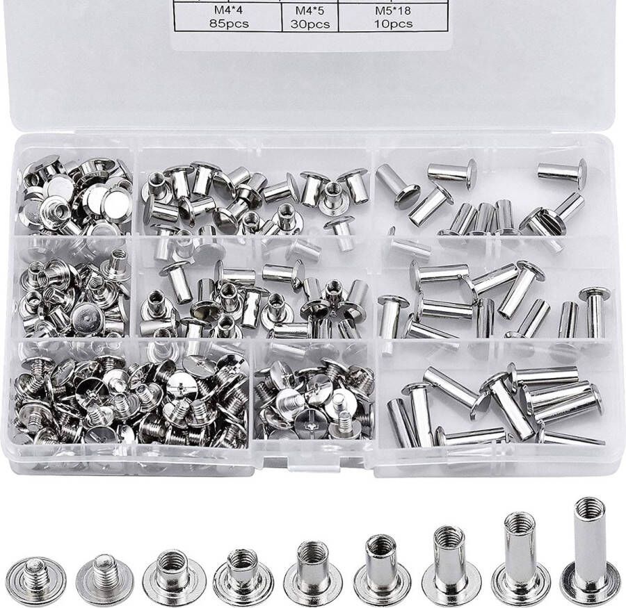 230 stuks Chicago schroeven geassorteerde kit bindschroeven palen nagel klinknagel Chicago knop platte kop sluiting lederen reparatieschroeven voor doe-het-zelf lederen decoratie boekbinden M5 x (5 6 8 10 12 15 18 mm)