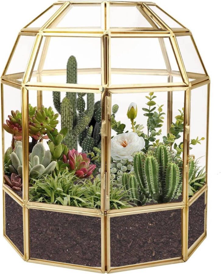23cm grote geometrische terrarium plantenbak vogelkooivorm handgemaakte glazen doos vintage tafelblad miniatuur bloempot voor vetplanten cactussen (gouden)