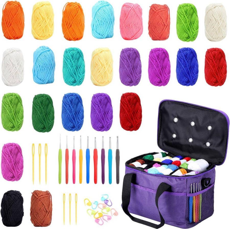 24 breiwol katoengaren om te haken met opbergtas voor wol handbreigaren set haaknaalden breinaalden naaldenset 3-in-1 set