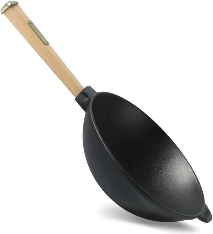24 cm gietijzeren wokpan met houten handvat voor outdoor camping inductie geschikt