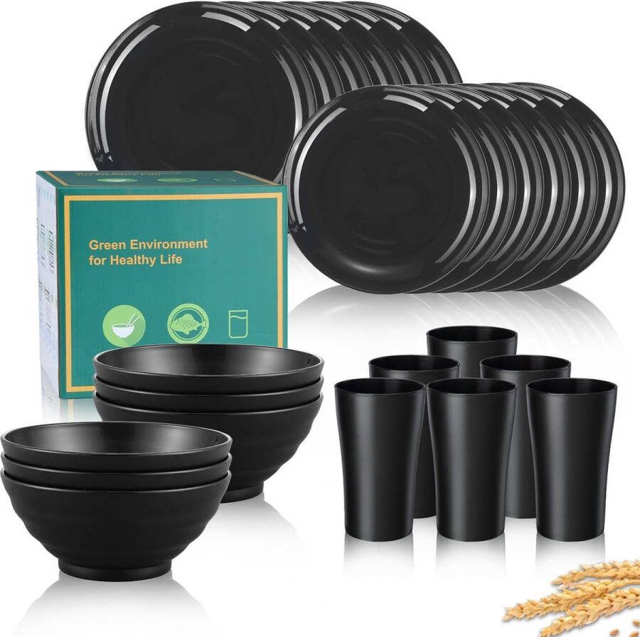 24-delig onbreekbaar campingservies Bordenset kom en bekers Zwart servies van melamine Geschikt voor kinderen en volwassenen
