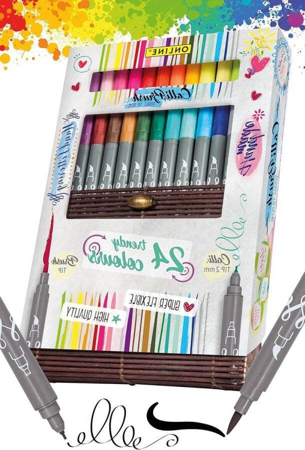 24 dubbelzijdige penseelstiften kalligrafie bullet journals bamboe doos