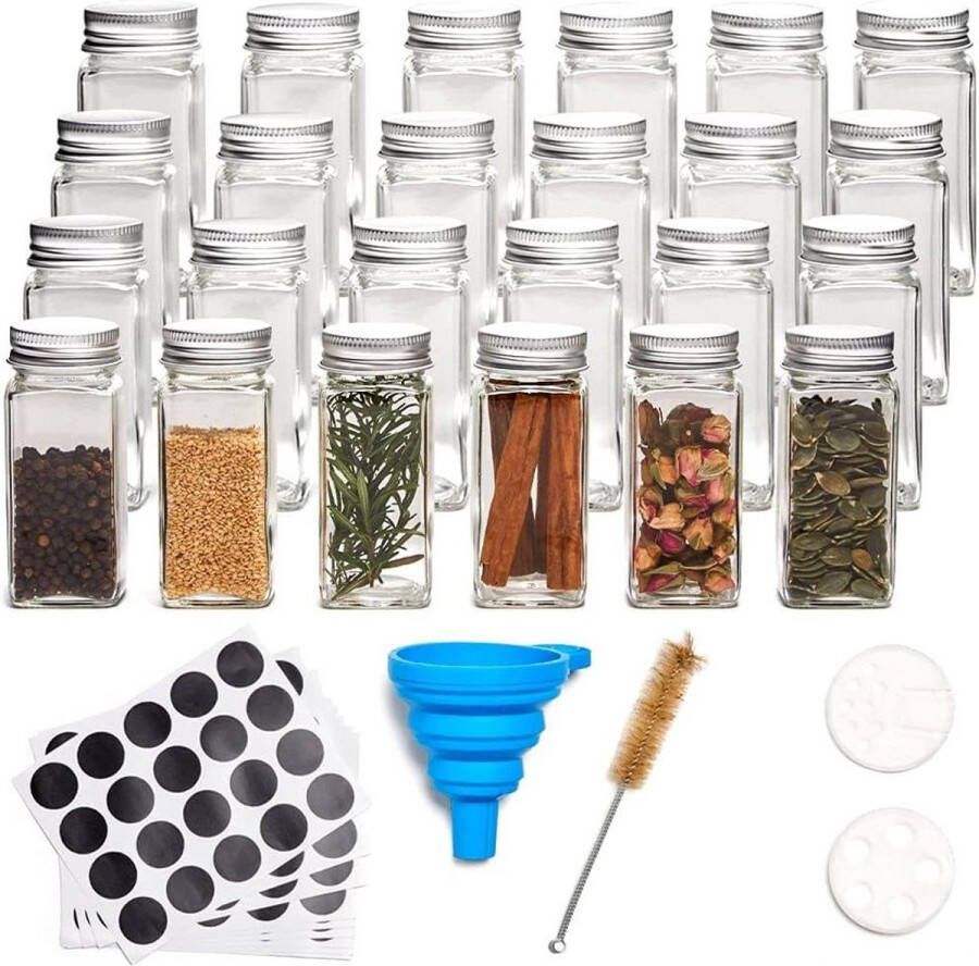 24 Flessen 120 ml Luchtdichte Vierkante Glazen Kruidenpotjes Set Keuken Kruiden Organizer Kit met Aluminium Dop Trechter Reinigingsborstel en Blanco Krijtbordetiketten Kruidenpotjes vierkant