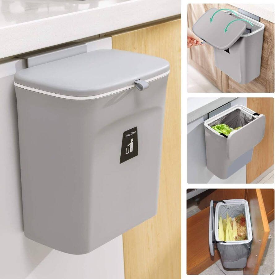 2.4 Gallon Keukencompostvat voor aanrecht of onder gootsteen hangend klein vuilnisbakje met deksel voor kast badkamer kantoor camping monteerbare compostemmer voor binnen grijs