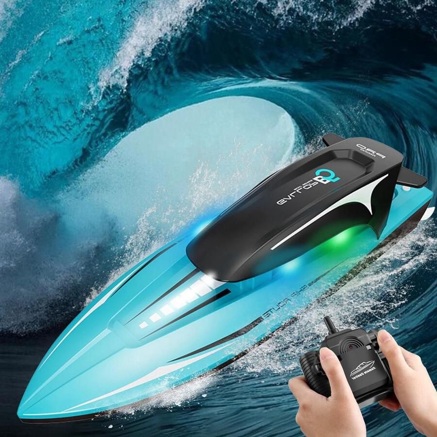 RC Boot Op afstand bestuurde boot 2 4 GHz RC boot 20 km u hoge snelheid RC raceboot met verlichting 2 batterijen anti-botsing zwembad meren vijver speelgoed cadeaus voor volwassenen