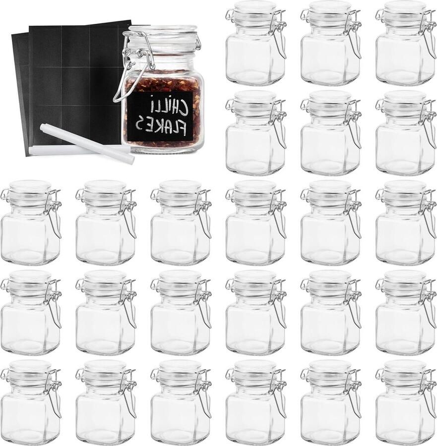 24 Glazen Kruidenpotjes met Beugeldeksel Set van 24 Voorraadpotten (100ml) Inclusief 48 Stickers en Stift Luchtdichte Jampotjes voor Voedsel Specerijen Keuken Opberging kruidenpotjes vierkant