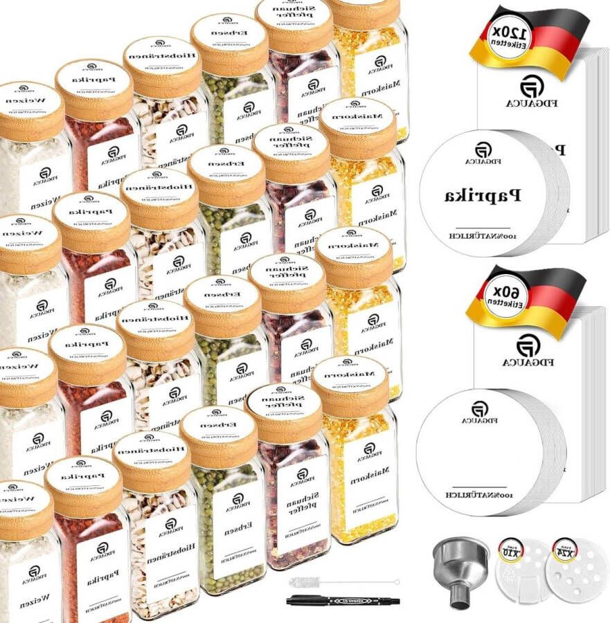 24 houten doppen voor vierkante flessen kruidenpotjesset glas kruidenpotjes bamboedeksel 120 Duitse kruidenetiketten 60 doe-het-zelf kruidenetiketten kruidenpotjes vierkant