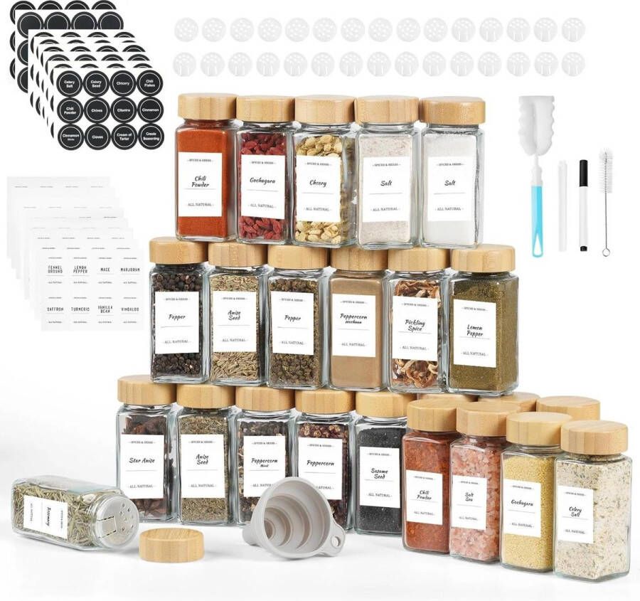 24 kruidenpotjes glas en hout vierkant bamboedeksel 120 ml keuken opslag zeef etiketten trechter kwast Kruidenpotjes