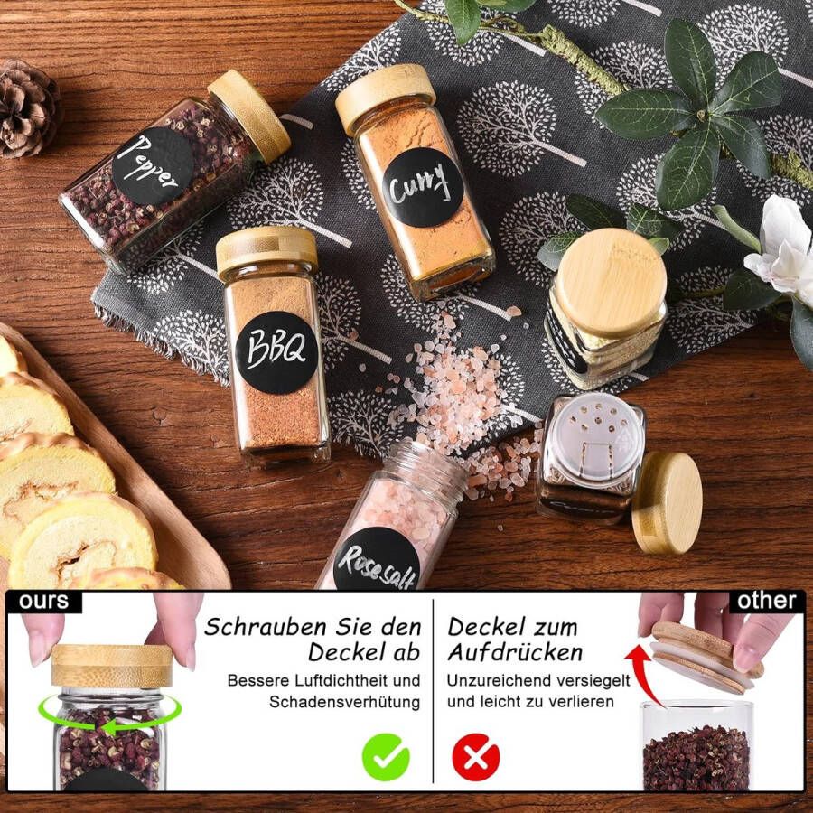 24 Kruidenpotjes set Vierkant Kruiden Organizer Kit 120ml Helder Kruidenpotten met Hoogwaardig Houten Deksel van Bamboe Kruidenkit met Labels Trechter Stift 10 5 x 4 5 cm