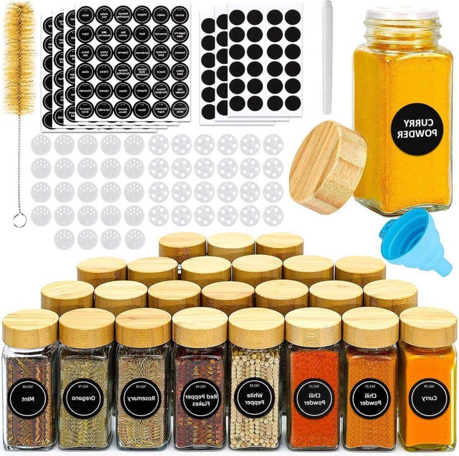 24 stuks 120ml glazen en houten kruidenpotjes set keukenopslag met labels shaker trechter en borstel Kruidenpotjes vierkant