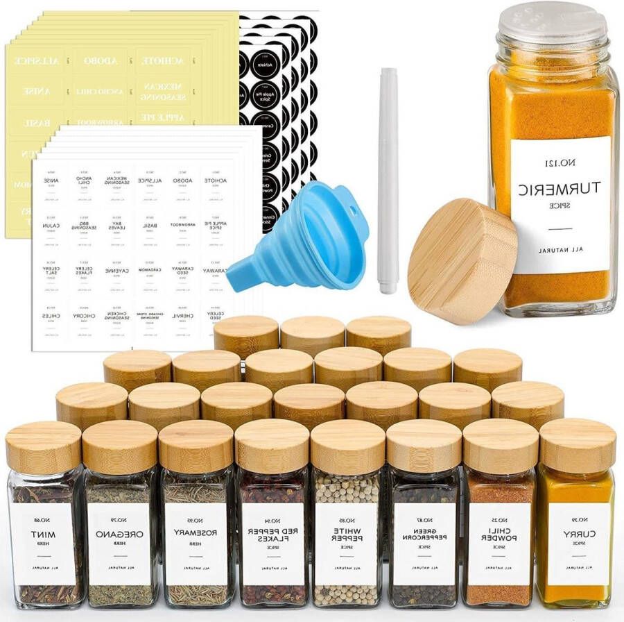 24 stuks glazen kruidenpotten shakerdeksels 120 ml bamboe houten deksels kruidenpotjes voor gedroogde kruiden zaden noten bakingrediënten Kruidenpotjes